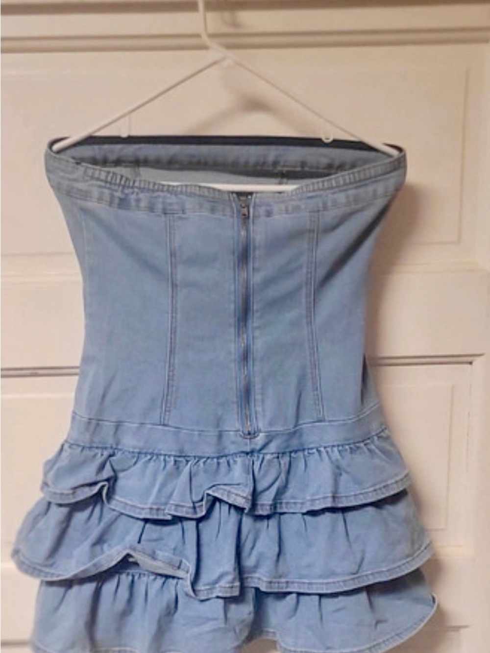 SHEIN Light Blue Strapless Denim Ruffle Mini Skirt